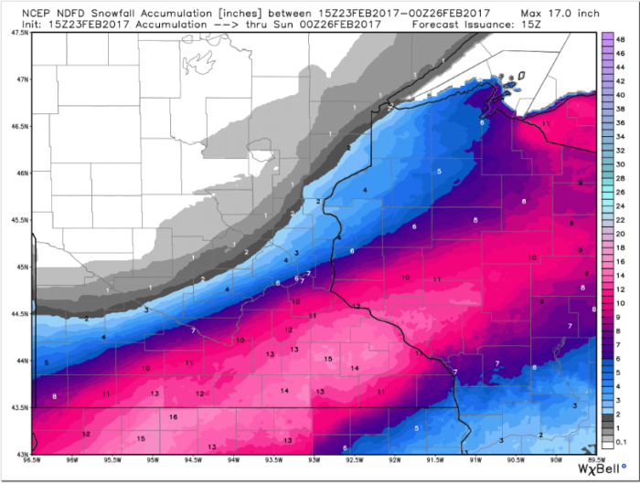 Twin Cities Snow Forecast via WeatherBell