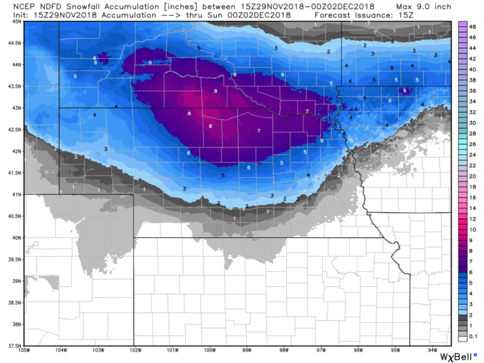 11-29_Snow Forecast via WeatherBell