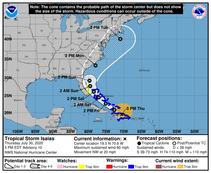 7-30 5 PM Isaias Track Forecast