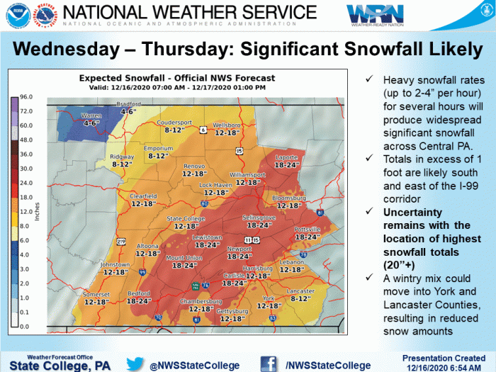 12-16 Snow Forecast via NWS State College PA